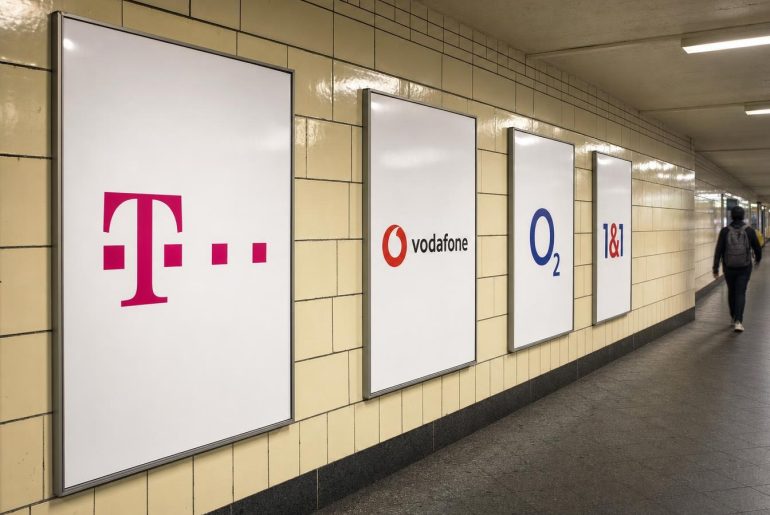 Plakate der Mobilfunknetzbetreiber Telekom, Vodafone, O2 und 1&1 in einem U-Bahn-Gang