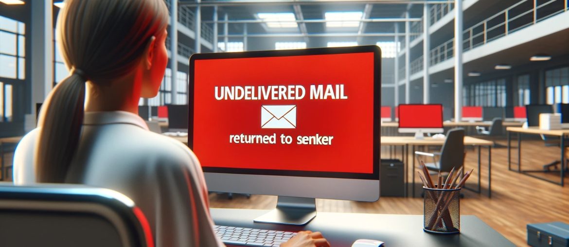 Pantalla de correo no entregado en oficina moderna.