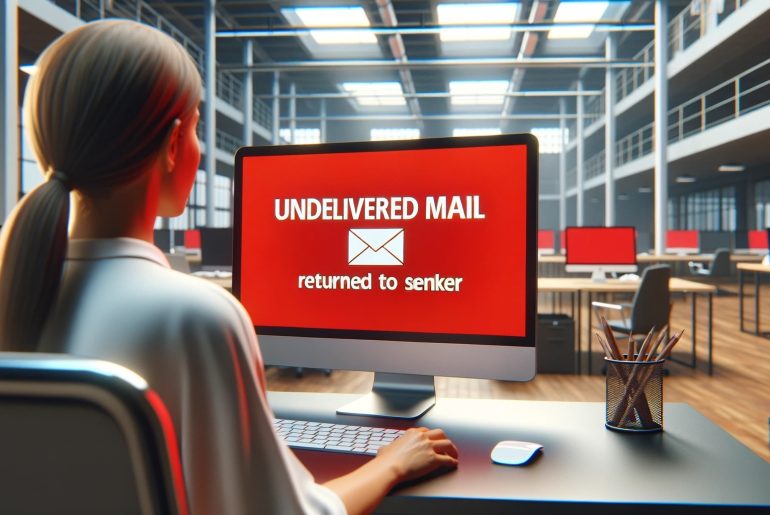 Pantalla de correo no entregado en oficina moderna.