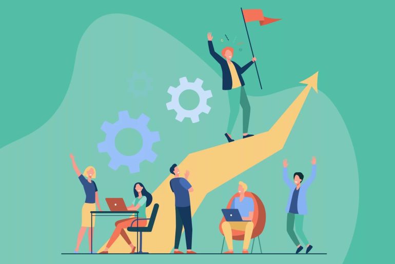 Equipo celebrando éxito con gráfico ascendente