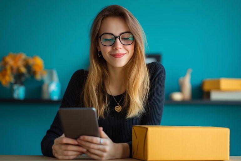 Mujer con tablet y caja amarilla sonriente