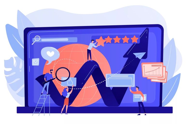 Personas evaluando gráficos de marketing digital con éxito.