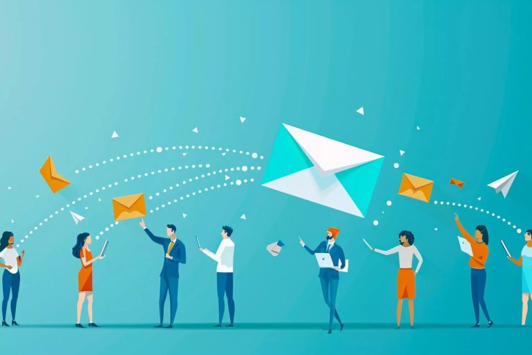 Personas comunicándose mediante correo electrónico ilustración.