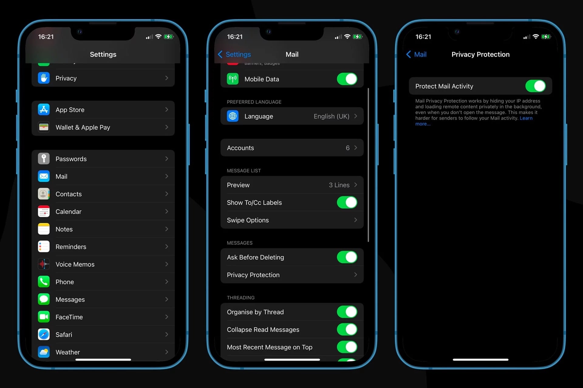 Configuración de privacidad y correo en iPhone