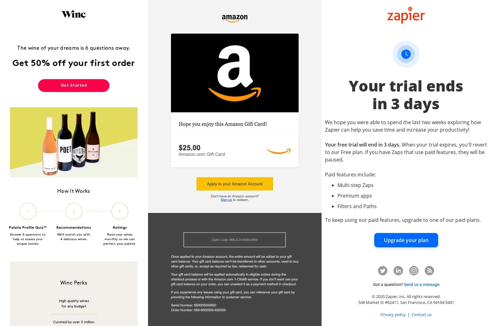 Ofertas de vino, tarjeta Amazon, prueba Zapier