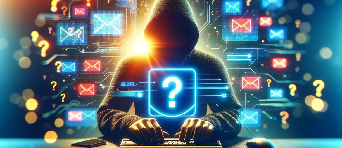 Persona en capucha con teclado y símbolos digitales.