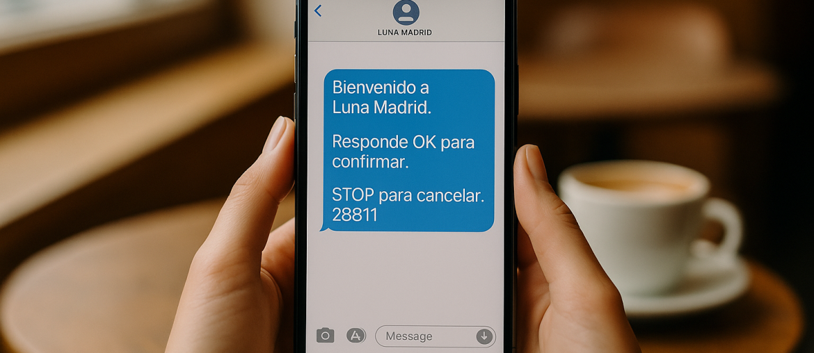 Manos femeninas sosteniendo un smartphone que muestra un SMS de opt-in de Luna Madrid con confirmación OK y mención STOP