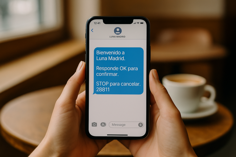 Manos femeninas sosteniendo un smartphone que muestra un SMS de opt-in de Luna Madrid con confirmación OK y mención STOP