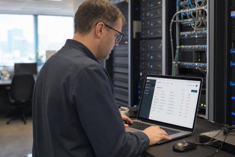 Técnico trabajando en una computadora en una sala de servidores