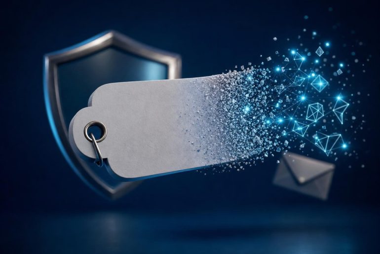 Etiqueta digital desintegrándose ante escudo de ciberseguridad