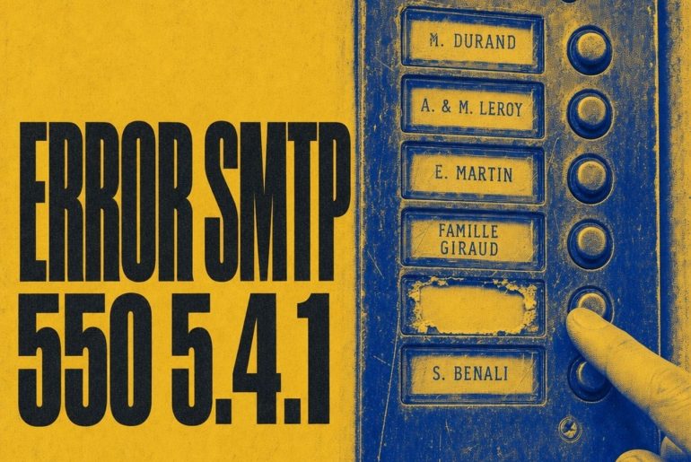 Traducción al español: Portero automático de edificio al que le falta la etiqueta con el nombre, ilustración del error SMTP 550 5.4.1