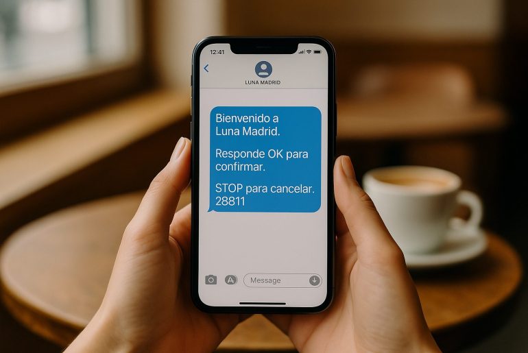 Manos femeninas sosteniendo un smartphone que muestra un SMS de opt-in de Luna Madrid con confirmación OK y mención STOP