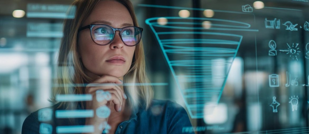 Femme analysant données sur un écran transparent