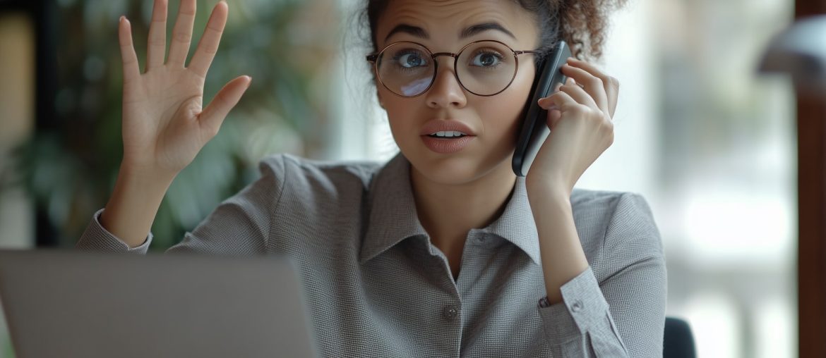 Femme au téléphone levant la main, surprise