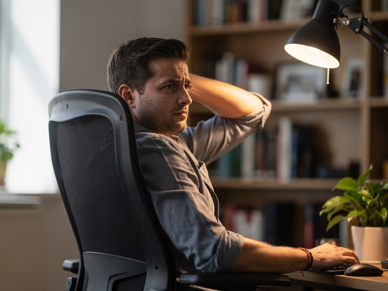 Thoughtful man sitting in front of a computer