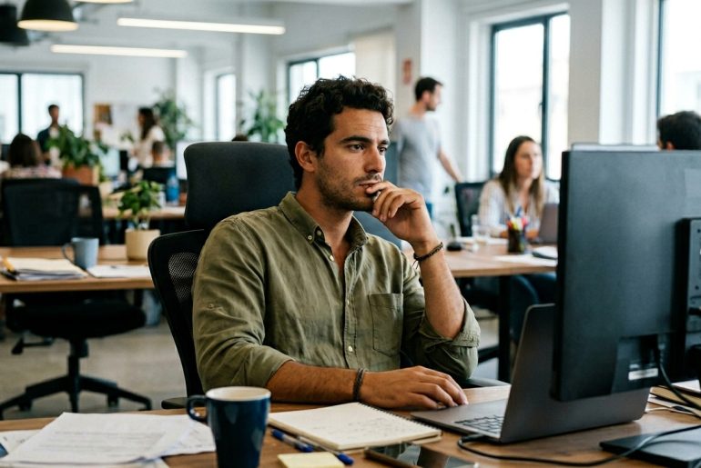 Homme pensif à son bureau en open space
