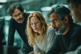 Personnes discutant autour d'un ordinateur