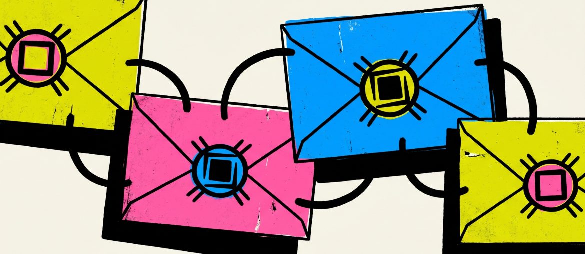 Enveloppes colorées reliées symbolisant communication numérique