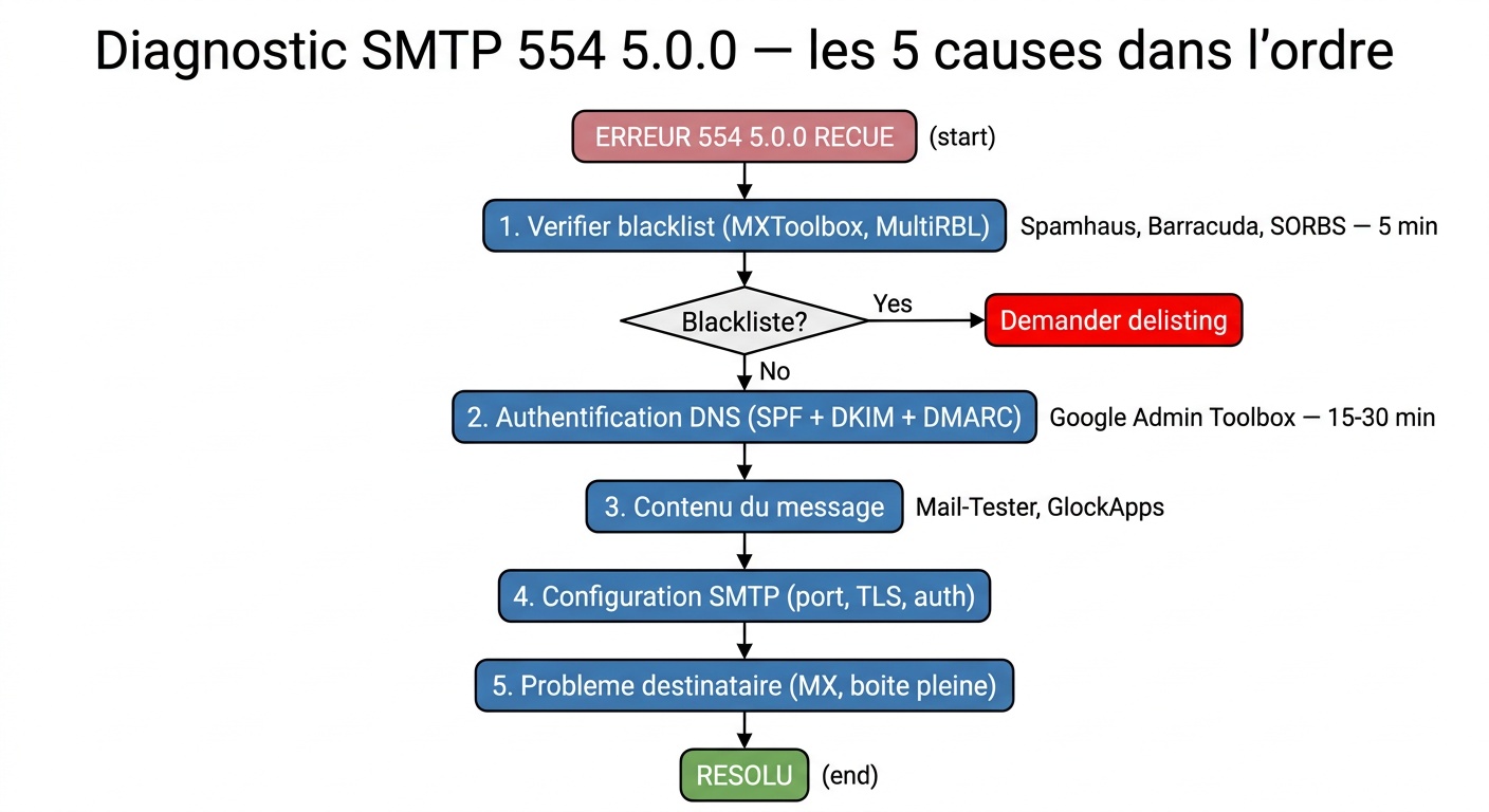 SMTP 554 5.0.0 Diagnosis - the 5 causes in order