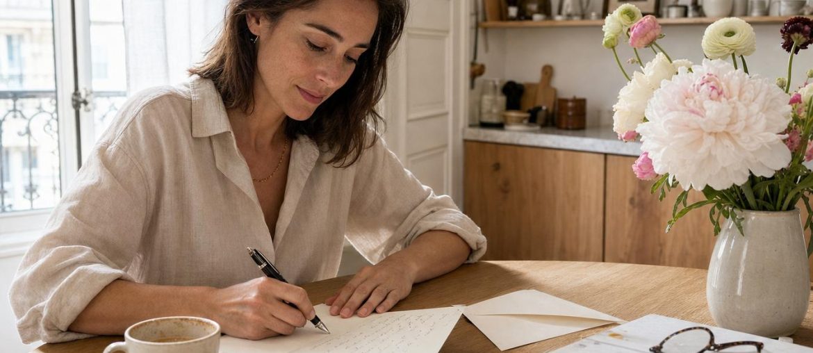 Femme la trentaine ecrivant une carte manuscrite pour la fete des meres dans une cuisine parisienne lumineuse