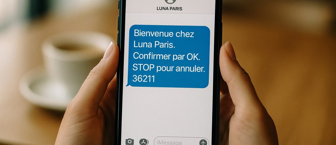 Smartphone affichant SMS de confirmation Luna Paris