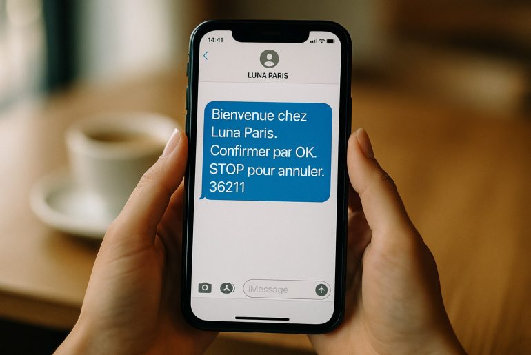 Smartphone affichant SMS de confirmation Luna Paris
