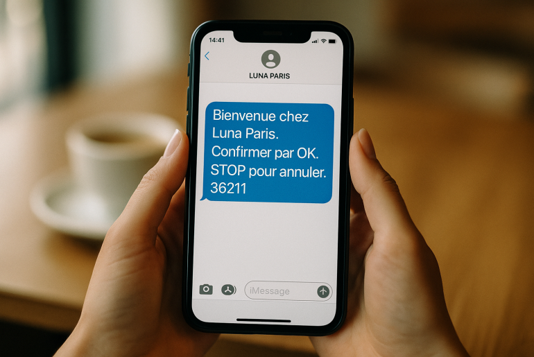 Mains feminines tenant un smartphone qui affiche un SMS d'opt-in Luna Paris avec confirmation OK et mention STOP