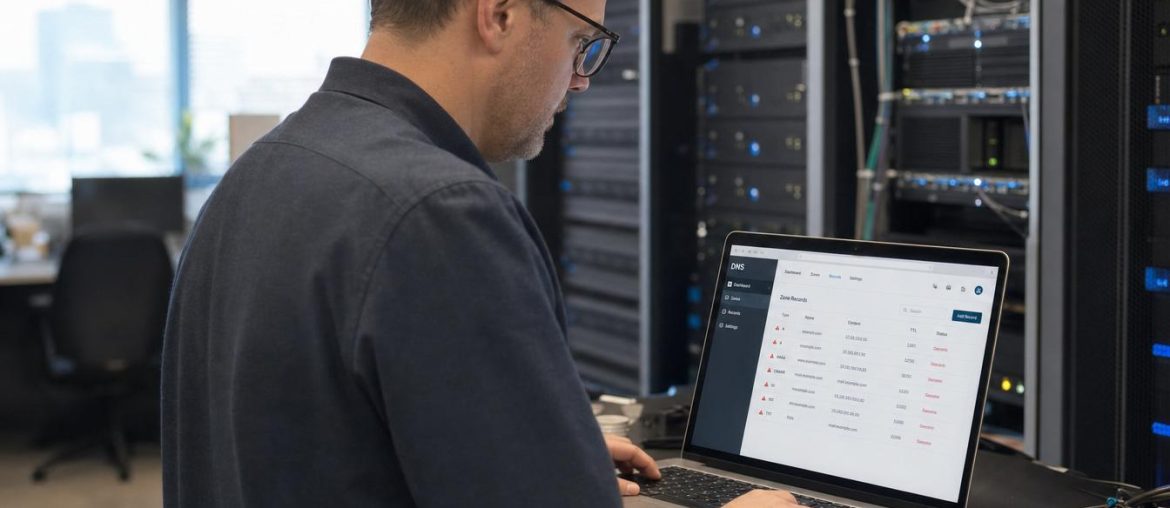 Technicien travaillant sur ordinateur dans une salle serveurs