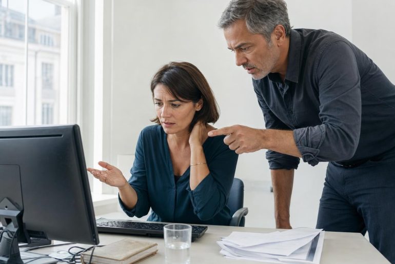 Deux collègues devant un écran, l'un reproche à l'autre le résultat d'une campagne emailing