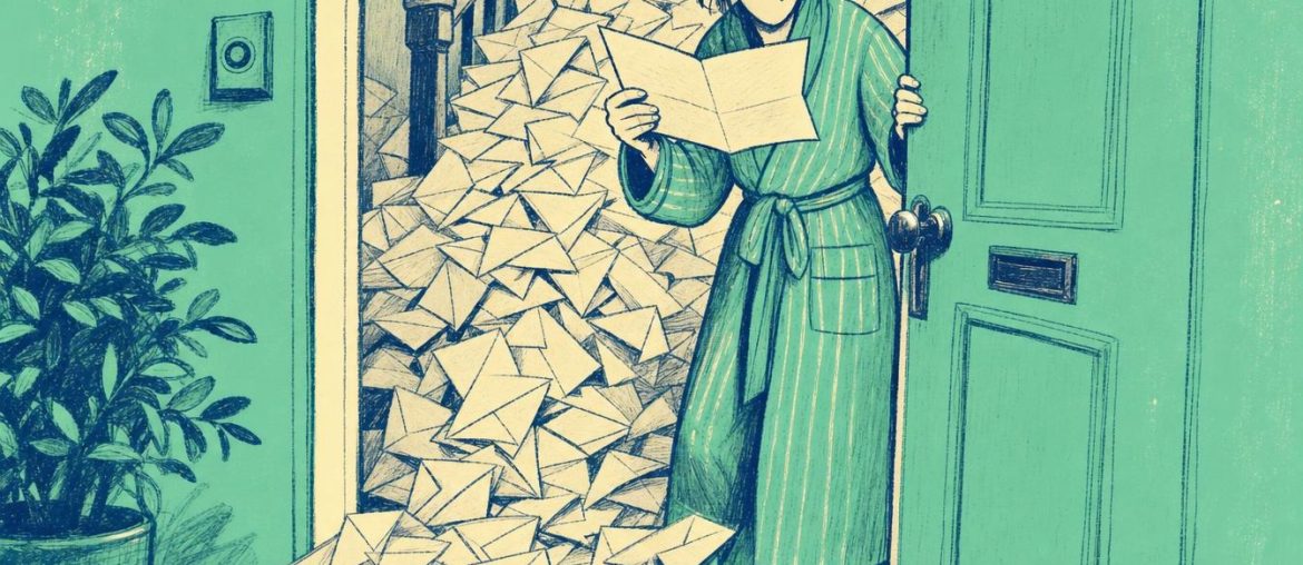 Illustration d'une personne ouvrant sa porte sur un couloir envahi de courrier quotidien non ouvert, image des rapports DMARC jamais lus