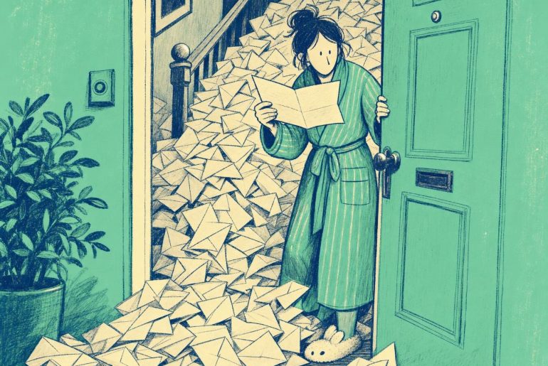 Illustration d'une personne ouvrant sa porte sur un couloir envahi de courrier quotidien non ouvert, image des rapports DMARC jamais lus