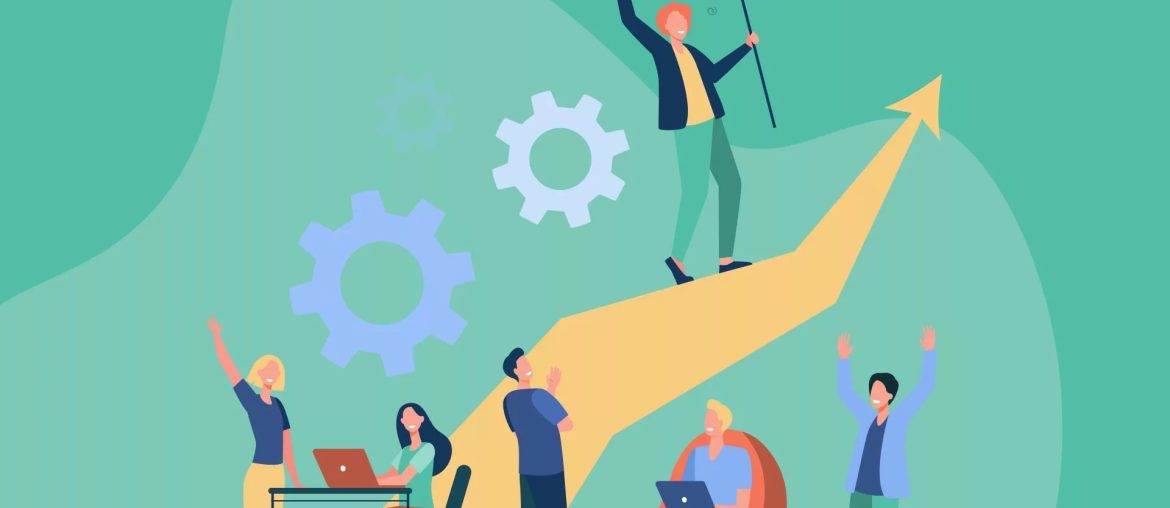 Team celebra successo con freccia crescente