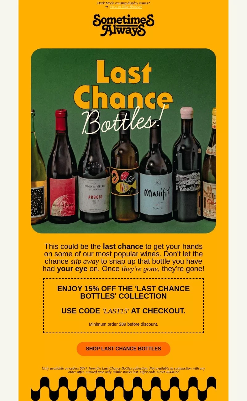Offerta bottiglie vino in esaurimento, sconto 15%.