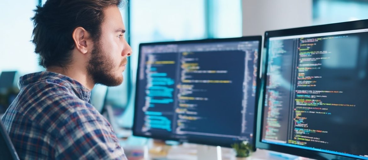 Programmatore al lavoro su computer multi-schermo
