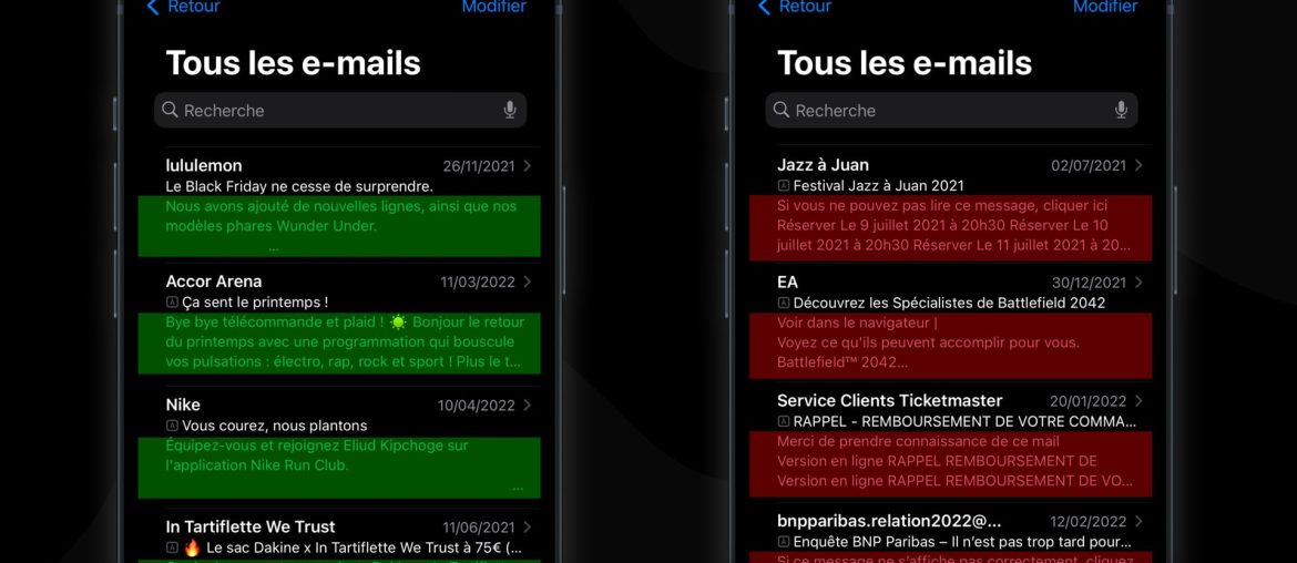 Schermata e-mail su smartphone, modalità scura.