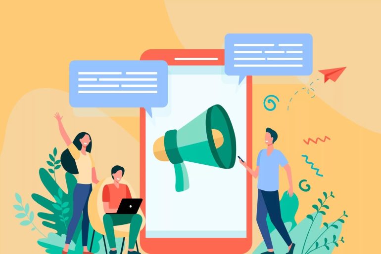 Comunicazione digitale, persone e megafono su smartphone.