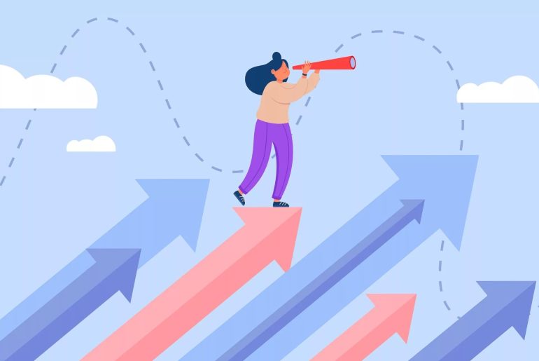 Persona osserva attraverso il cannocchiale su frecce crescenti.