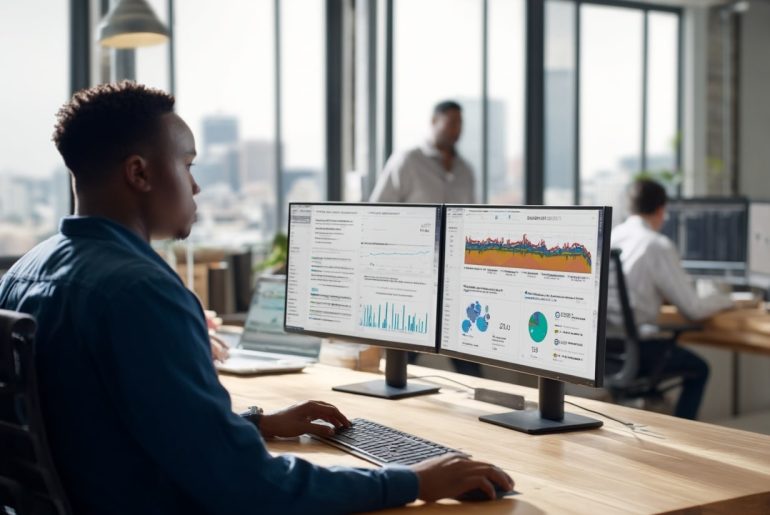 Analisi dati su monitor in ufficio moderno