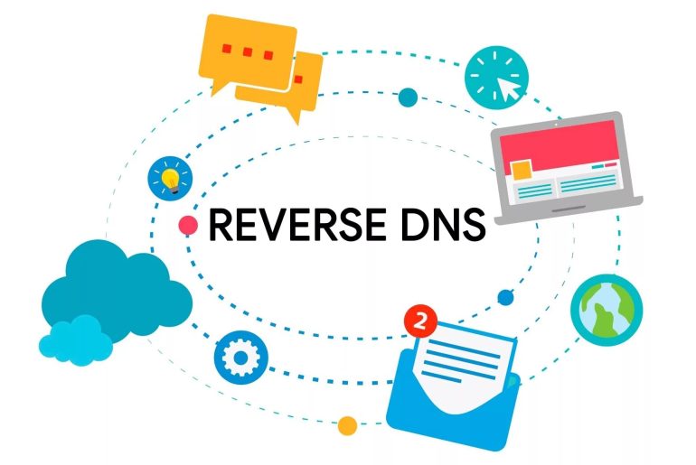 Illustrazione concetto Reverse DNS e comunicazione online.