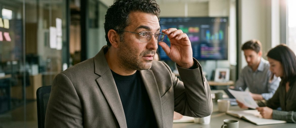 Fornitori di servizi email: quali aziende utilizzano cosa (e perché cambia tutto) Uomo che riflette durante una riunione in ufficio