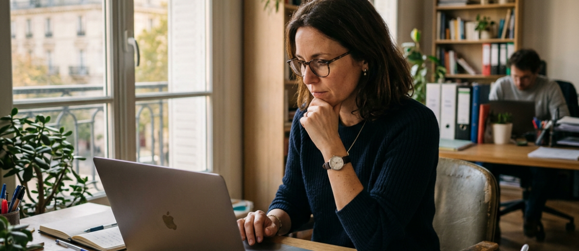 Donna che lavora al computer in un ufficio luminoso