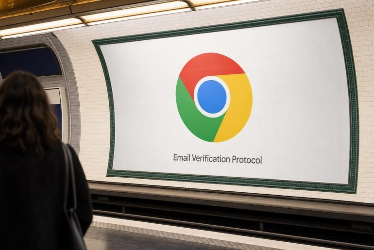 Manifesto su una banchina della metropolitana parigina che presenta il logo di Google Chrome e il nome Email Verification Protocol