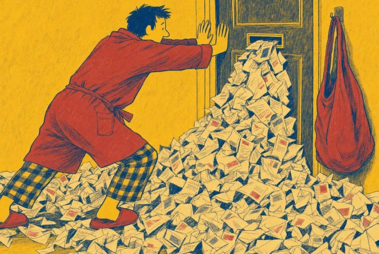 Uomo che respinge una valanga di lettere davanti a una porta