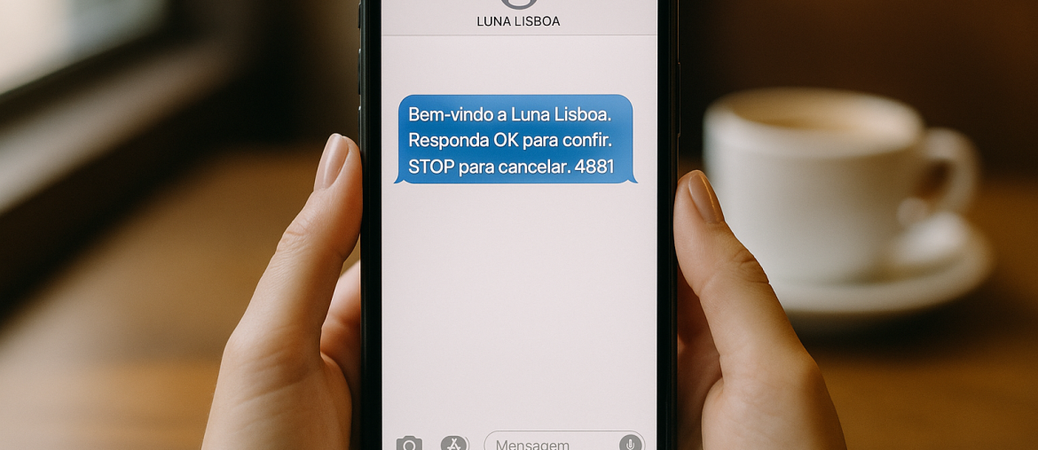 Mãos femininas a segurar um smartphone que exibe um SMS de opt-in da Luna Lisboa com confirmação OK e menção STOP