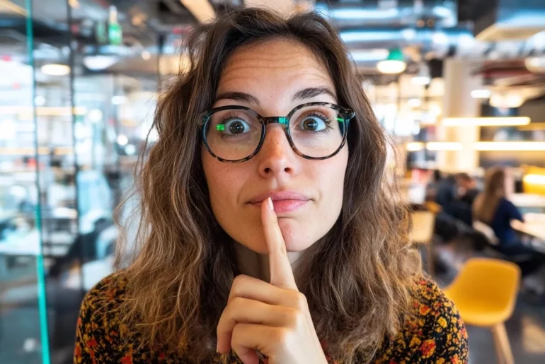 Pessoa pensativa em um escritório moderno.