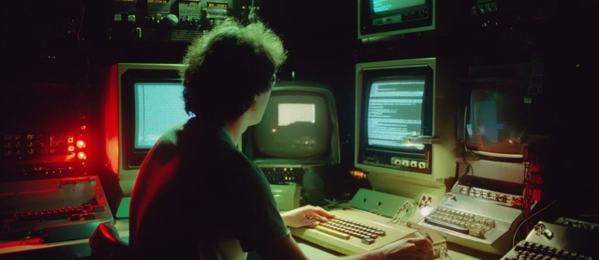 A história esquecida do email: os segredos Pessoa trabalhando em computadores retro.