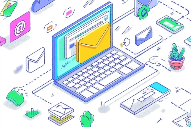 Ilustração de um laptop com envelope de e-mail.