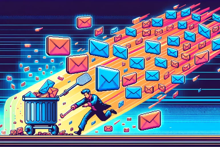 Ilustração de e-mail torrencial e homem se esquivando.