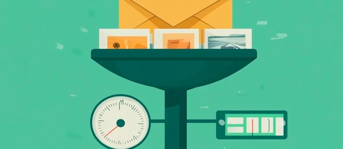Como o peso dos seus e-mails afeta suas campanhas? Balança com envelope e fotos.