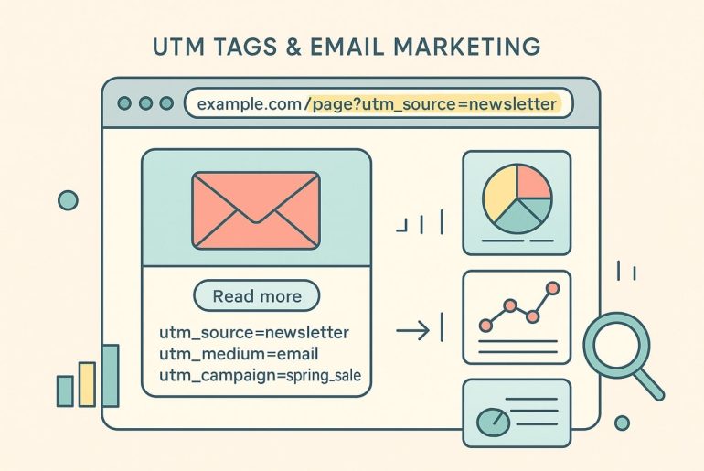 Etiquetas UTM e marketing por email ilustrados.